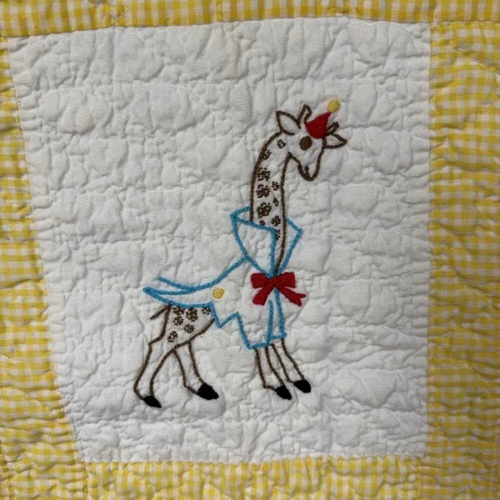 Vtg 1970s Handmade Baby Crib Quilt Embroidered Elephant Giraffe Yellow Gingham